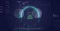 Image of hourglass in circle over multicolored infographic interface on abstract background