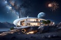 house with contemporary modern architecture place on the moon with magnificent view on earth and milky way with fireworks sky