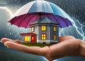 The image of a house in the palm of a human hand and an umbrella on it is rain and lightning.