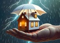 The image of a house in the palm of a human hand and an umbrella on it is rain and lightning.