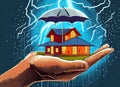 The image of a house in the palm of a human hand and an umbrella on it is rain and lightning.