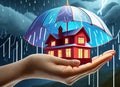 The image of a house in the palm of a human hand and an umbrella on it is rain and lightning.