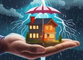 The image of a house in the palm of a human hand and an umbrella on it is rain and lightning.