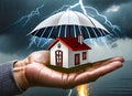 The image of a house in the palm of a human hand and an umbrella on it is rain and lightning.