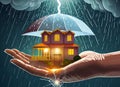 The image of a house in the palm of a human hand and an umbrella on it is rain and lightning.