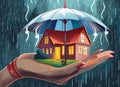 The image of a house in the palm of a human hand and an umbrella on it is rain and lightning.