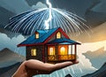 The image of a house in the palm of a human hand and an umbrella on it is rain and lightning.