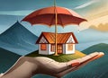 An image of a house in the palm of your hand and an umbrella on it.Visual information about Housing Insurance