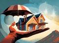 An image of a house in the palm of your hand and an umbrella on it.Visual information about Housing Insurance