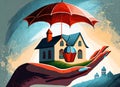 An image of a house in the palm of your hand and an umbrella on it.Visual information about Housing Insurance