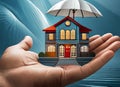 An image of a house in the palm of your hand and an umbrella on it.Visual information about Housing Insurance