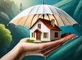 An image of a house in the palm of your hand and an umbrella on it.Visual information about Housing Insurance