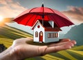 An image of a house in the palm of your hand and an umbrella on it.Visual information about Housing Insurance