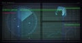 Image of hud interface screens with graph, radar, globe and programming languages