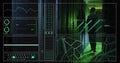 Image of hud screens with map, graphs, codes, asian engineer with laptop checking server racks