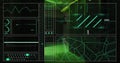 Image of hud screens with map, graphs, programming data over data server room Royalty Free Stock Photo
