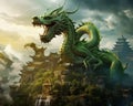 huge green dragon hovered over the ancient eastern city gate.