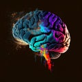 Image of human brain in colorful splashes glowing on black backgroundV. Mental health psychology anxiety depression learning