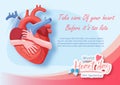 Image of human hands acting hug a heart and wording of World Heart Day, example texts on blue background. Poster\'s campaign of