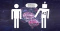 Image of human representation and ai text in robot, binary codes in speech bubble over brain