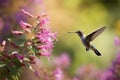 Image of hummingbird in flight feeding on flower nectar on natural background. Birds. illustration, generative AI Royalty Free Stock Photo