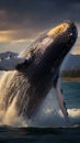 Image Humpback whale leaping out of the Pacific Ocean waters, majestic