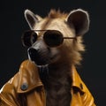 Image of a hyenas wore sunglasses and wore a leather jacket on clean background. Wildlife Animals. Illustration, Generative AI