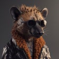 Image of a hyenas wore sunglasses and wore a leather jacket on clean background. Wildlife Animals. Illustration, Generative AI
