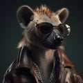Image of a hyenas wore sunglasses and wore a leather jacket on clean background. Wildlife Animals. Illustration, Generative AI