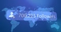 Image of icon, changing numbers, followers text over map against abstract background