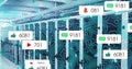 Image of icon and changing numbers in message boxes over abstract pattern on server room Royalty Free Stock Photo