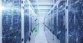 Image of icon in circles over binary codes on data server racks in server room Royalty Free Stock Photo