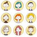 Icon of embarrassed facial expressions of nine young women surrounded by a circle 2
