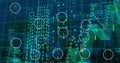 Image of icon flowchart, multiple graphs and computer language over abstract background Royalty Free Stock Photo