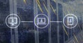 Image of icons connected with lines over falling abstract patterns against server racks Royalty Free Stock Photo