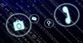 Image of icons with connections and binary coding over dark background Royalty Free Stock Photo