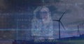 Image of icons and data processing over caucasian hacker and wind turbine Royalty Free Stock Photo