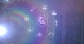 Image of icons and light over servers on navy background Royalty Free Stock Photo