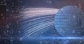 Image of icons over globe with binary code in navy space Royalty Free Stock Photo