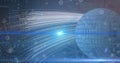 Image of icons over globe with binary code in navy space Royalty Free Stock Photo