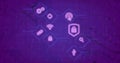 Image of icons in rhombuses over looping numbers against abstract background