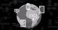 Image of icons, rotating globe and computer language over black background