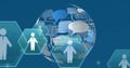 Image of icons and speech bubble forming globe on blue background Royalty Free Stock Photo