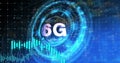 Image of illuminated circle with 6g text, multiple graphs and sustainable resource icons
