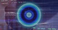 Image of illuminated circles over trading board, binary codes, graphs and computer language Royalty Free Stock Photo