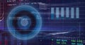 Image of illuminated lines over programming language, binary codes, circles and trading board Royalty Free Stock Photo