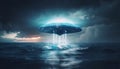 image of an illuminated UFO spaceship hovering over a stormy ocean. Generative ai