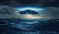 image of an illuminated UFO spaceship hovering over a stormy ocean. Generative ai