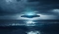 image of an illuminated UFO spaceship hovering over a stormy ocean. Generative ai