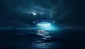 image of an illuminated UFO spaceship hovering over a stormy ocean. Generative ai